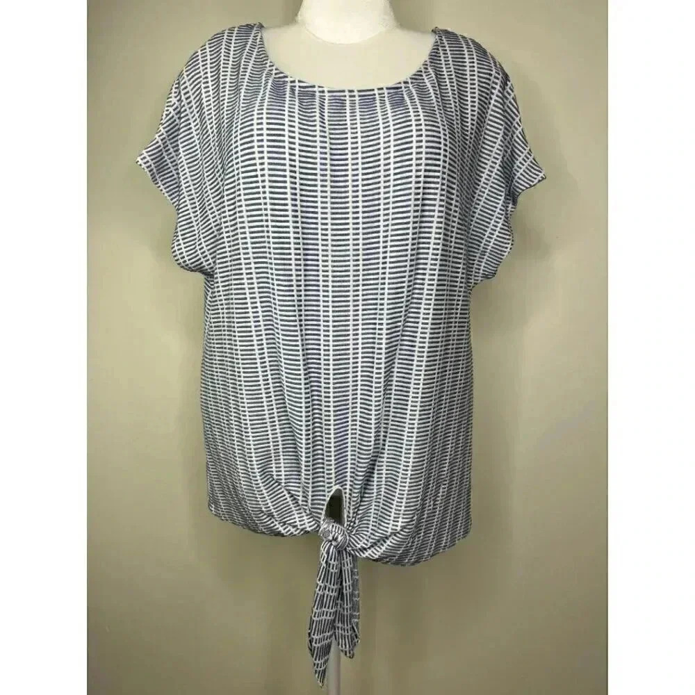 W5 Dusty Blue & White Dolman Sleeve Blouse with Tie Front - 1X - Loose Fit Comfy